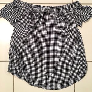 Off-the-Shoulder Navy Checkered Top